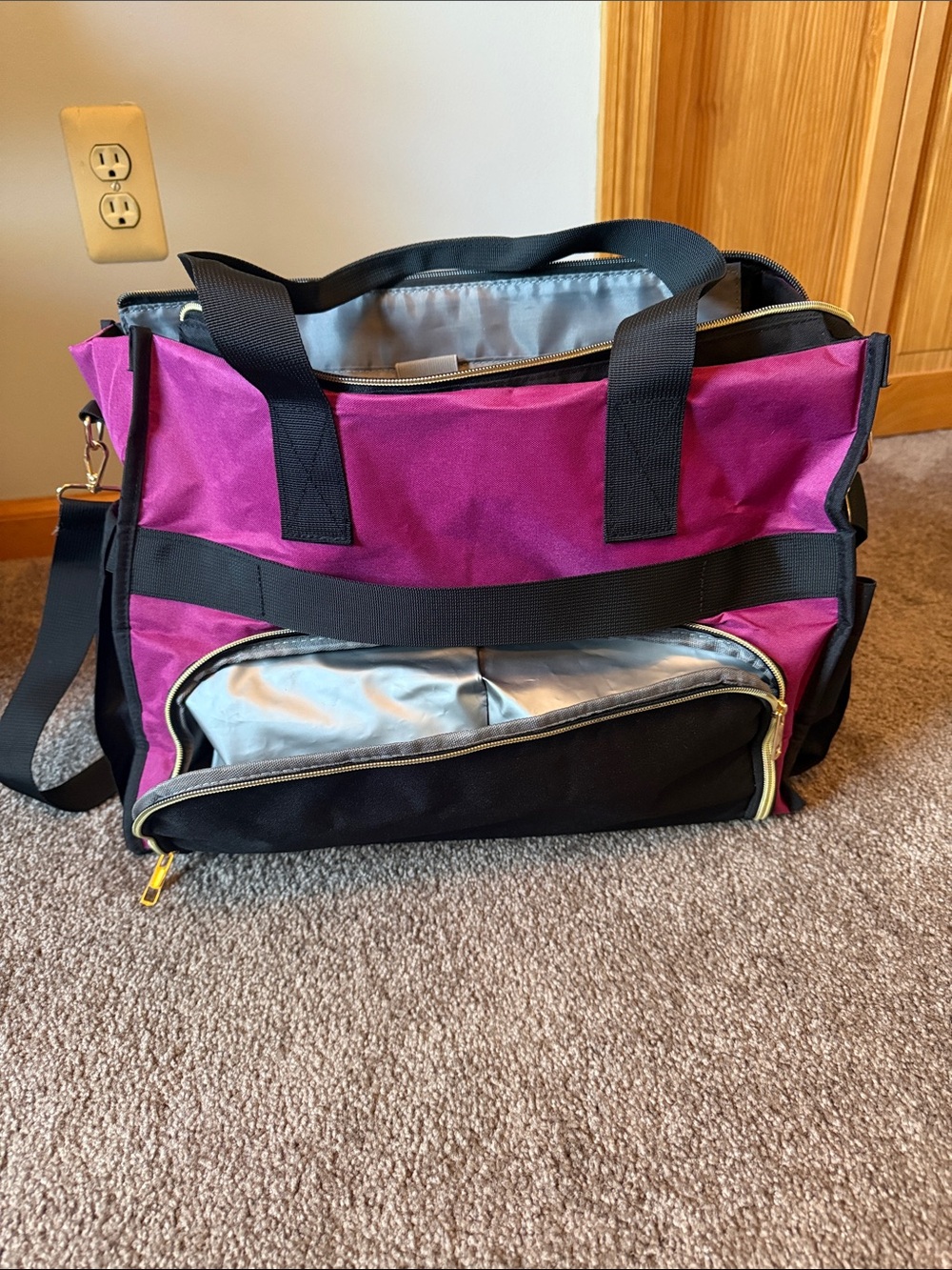 Magenta and Black Large Organizer Tote Bag